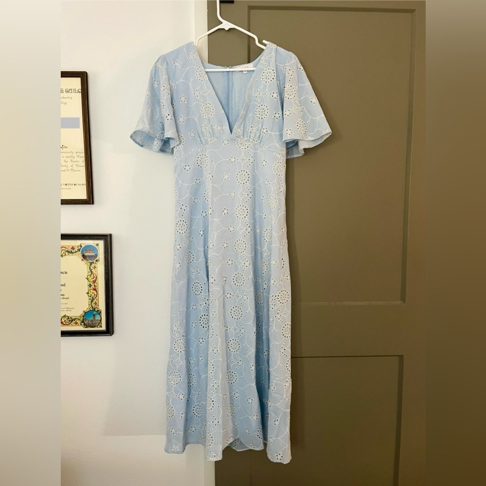 V-Neck Maxi Dress — Light Blue with Eyelet Detail